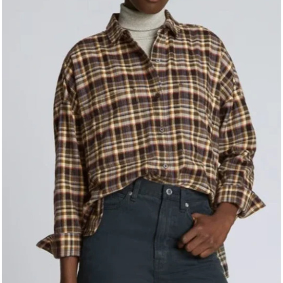 NWT Everlane Boxy Flannel Button Down Shirt M Dark Plaid Olive Black Green - Picture 9 of 10